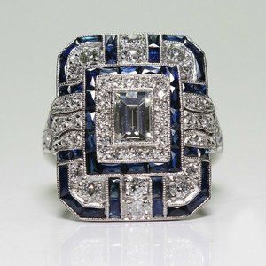 Emerald Cut Blue and White Sapphire Ring